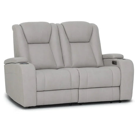 Light grey fabric recliner sofa with cup holders and plush armrests, front view