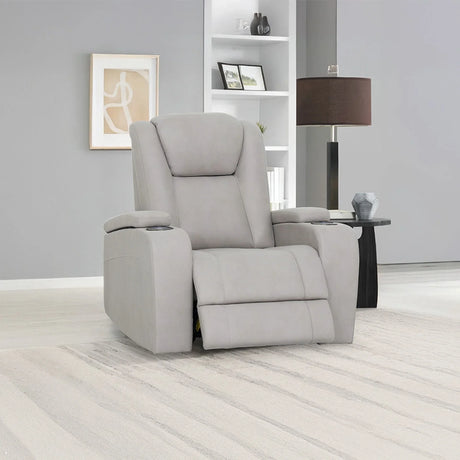 Light grey recliner armchair with cup holders in modern living room setting