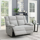 Light grey fabric 2 seater sofa with recliner feature in a modern living room setting