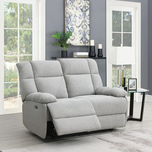 Light grey fabric 2 seater sofa with recliner feature in a modern living room setting