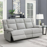 Light grey fabric 3 seater sofa with padded armrests in modern living room setting