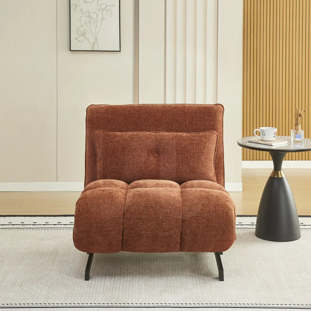 Tucker single sofa bed in deep terra fabric with cushioned seat and black metal legs