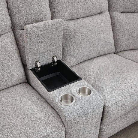 Light grey fabric sofa with central console, storage compartment, and dual cup holders