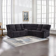 Charcoal fabric corner sofa with recliners in bright living room on patterned area rug