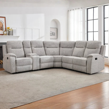 Light grey corner manual reclining sofa with console on beige rug in living room setting