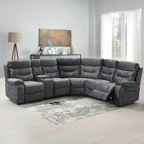 Dark grey manual recliner sectional sofa in modern living room setting on a light rug