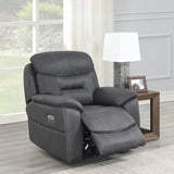 Charcoal grey leather recliner armchair with footrest in modern living room setting