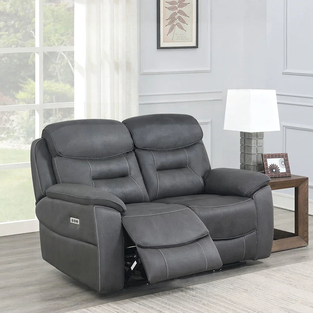 Dark grey leather 2-seater recliner sofa with power controls in modern living room