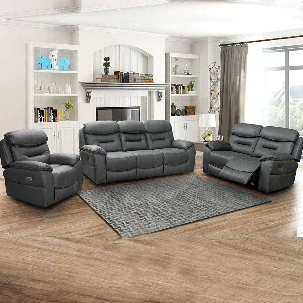 Grey leather 2 seater reclining sofa with padded arms in modern living room