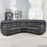 Grey corner sofa with drop down tray and wireless charger in modern living room