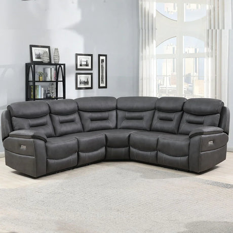 Grey corner sofa with drop down tray and wireless charger in modern living room