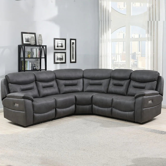 Grey corner sofa with drop down tray and wireless charger in modern living room
