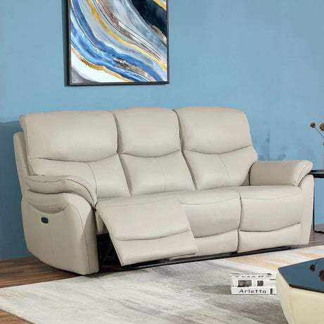 Light grey three seater reclining sofa on rug with blue wall and abstract painting