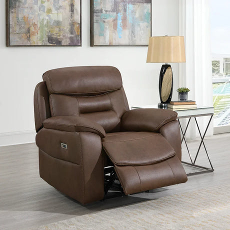 Chestnut recliner armchair with footrest extended in modern living room