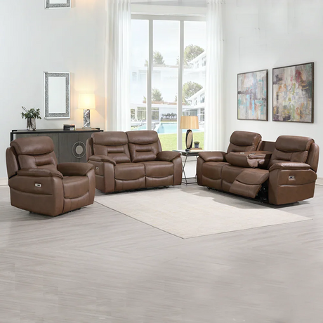 Chestnut leather recliner sofa set in modern living room with large windows and light decor