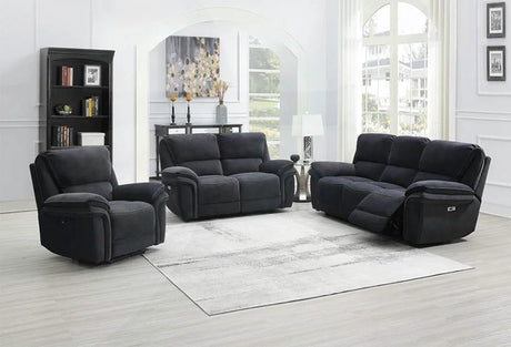 Ink blue reclining sofa set with armchair and loveseat in bright living room