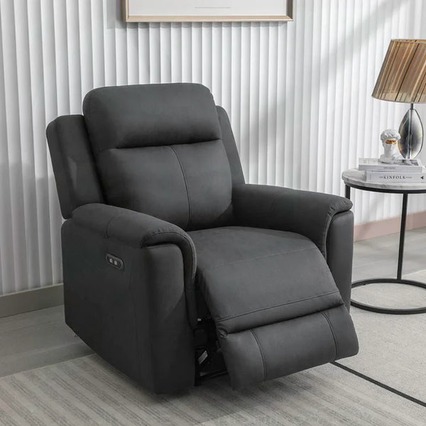 Gunmetal grey fabric recliner armchair with extended footrest in modern living room