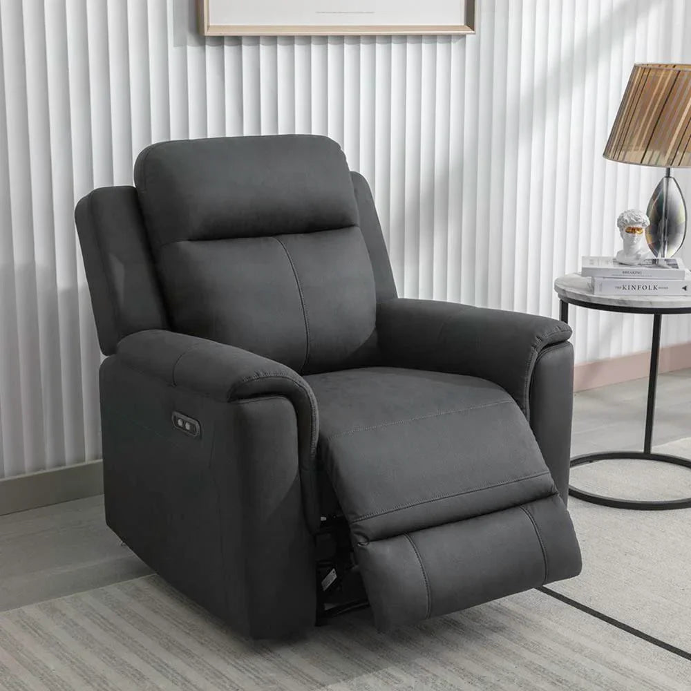 Gunmetal grey fabric recliner armchair with extended footrest in modern living room