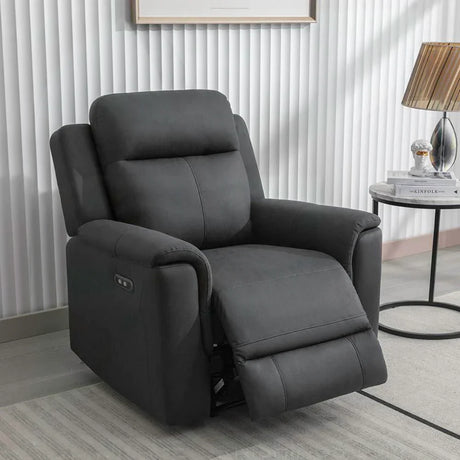 Gunmetal grey fabric recliner armchair with extended footrest in modern living room
