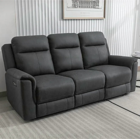 Gunmetal grey three seater recliner sofa with plush cushions in modern living room