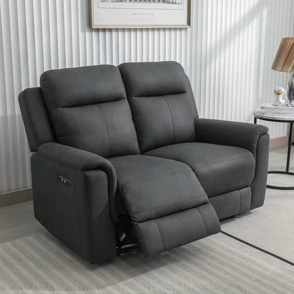 Gunmetal grey two seater recliner sofa with manual footrest in modern living room