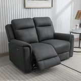 Gunmetal grey two seater recliner sofa with manual footrest in modern living room
