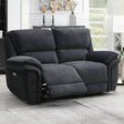 Two seater recliner sofa in dark fabric with footrest extended in modern living room