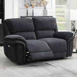 Two seater recliner sofa in dark fabric with footrest extended in modern living room