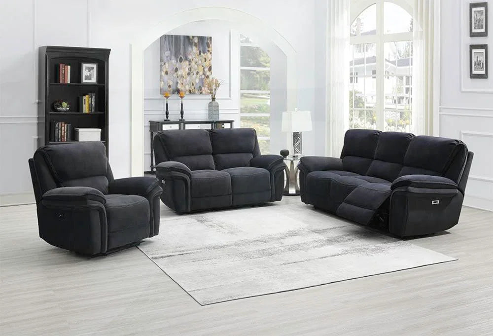 Bowery ink fabric recliner sofa set with armchair and loveseat in modern living room