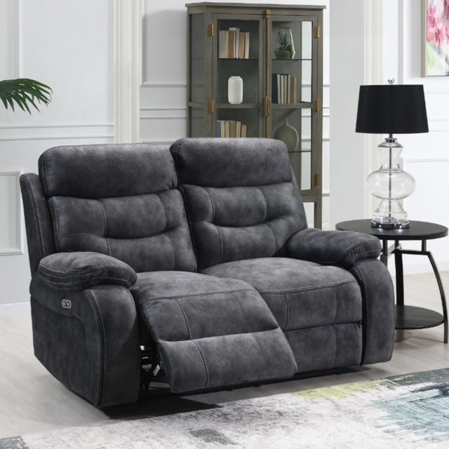 Dark grey fabric two seater recliner sofa in modern living room setting