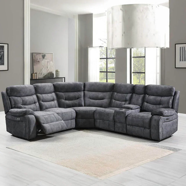 Dark grey electric sectional sofa with recliner seats and cup holders in modern living room