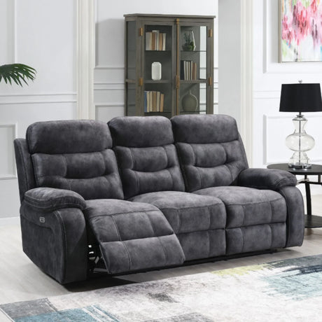 dark grey three seater reclining sofa with plush upholstery in modern living room