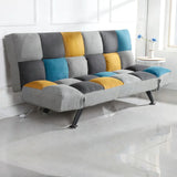 Yellow blue patchwork sofa bed with black legs in modern living room