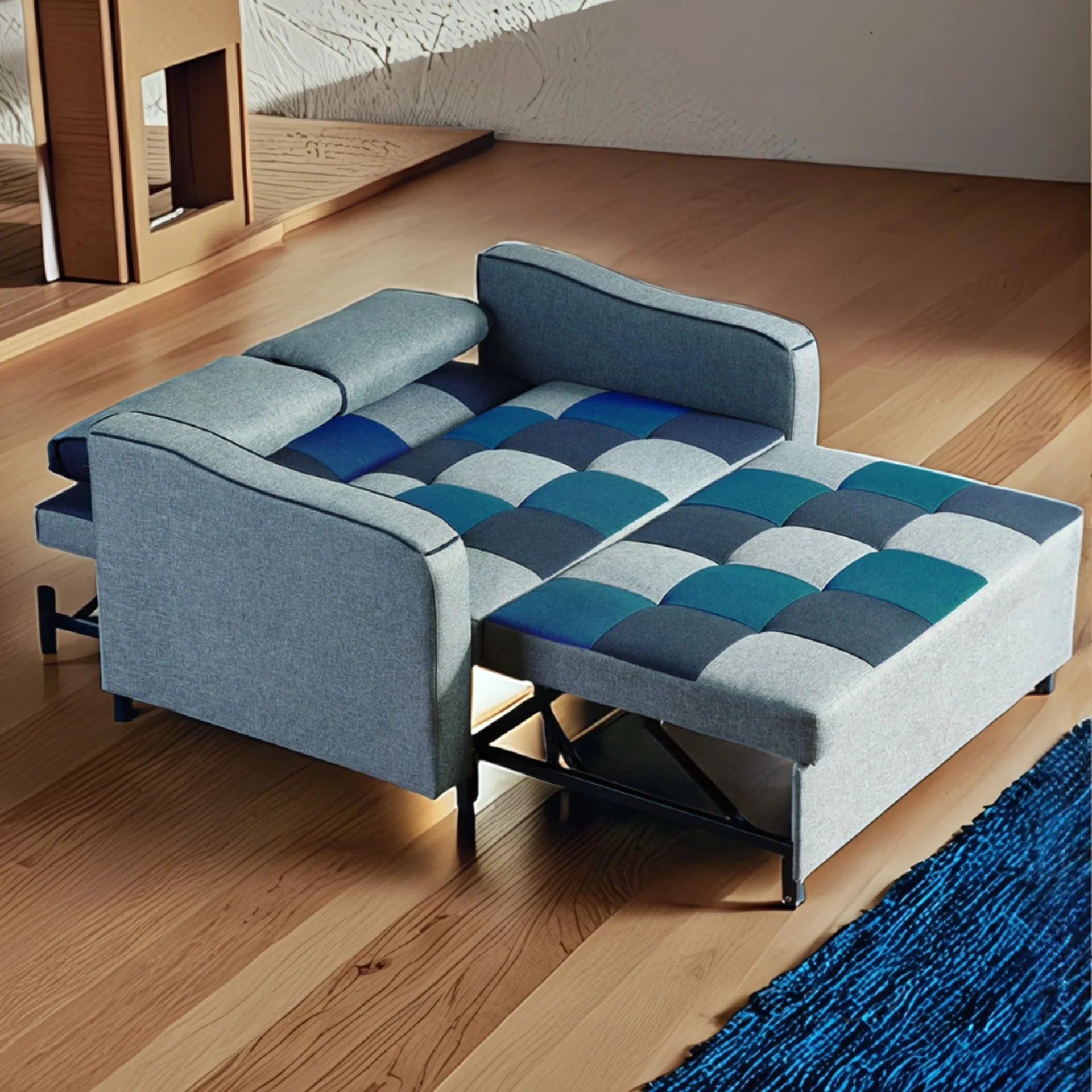 Teal and grey fabric sofa bed with checkered seat design extended on wooden floor