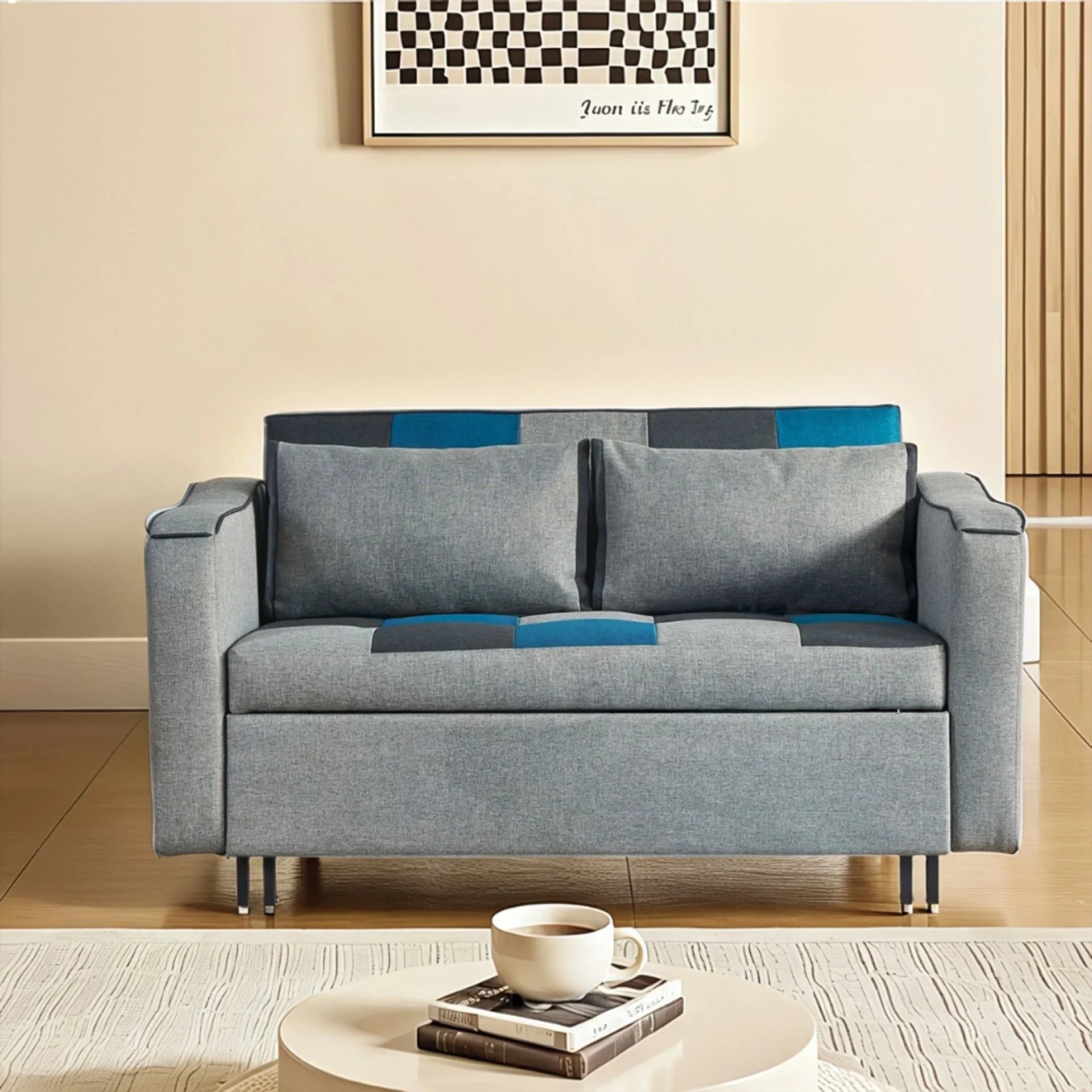 Aspen teal grey fabric sofa with metal legs in modern living room setting