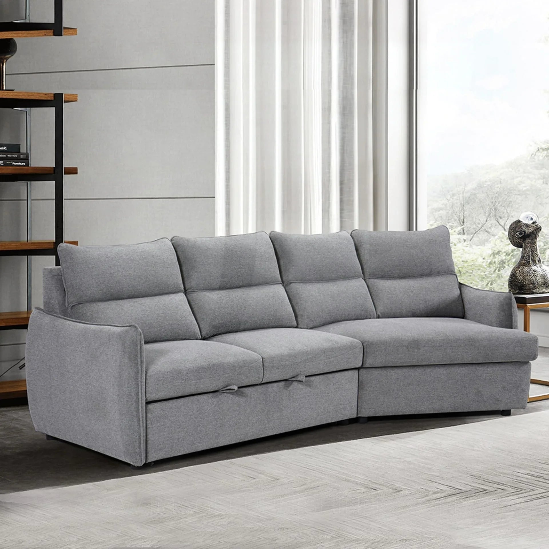 Grey fabric corner sofa bed with tufted backrest in modern living room setting