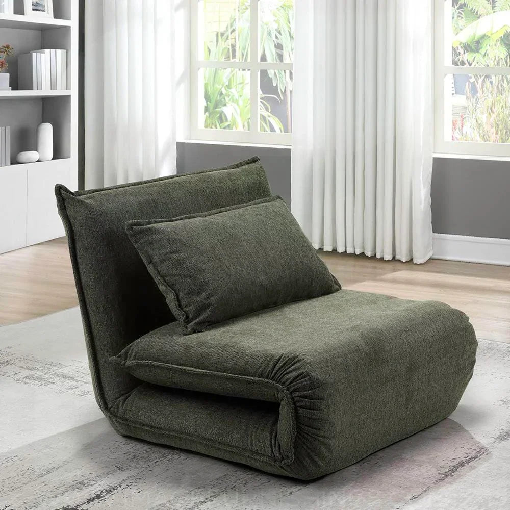 Corso sofa bed in winter moss fabric with cushion in bright living room