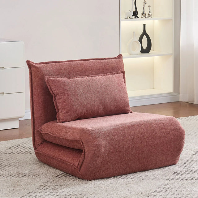 Rust fabric sofa bed with cushion in modern living room on beige rug