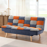 Millstone sofa bed with orange, grey and dark blue patchwork upholstery, wooden legs