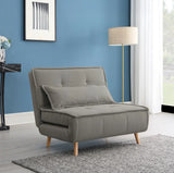 Dark grey sofa bed with cushion, wooden legs, in modern living room with blue wall