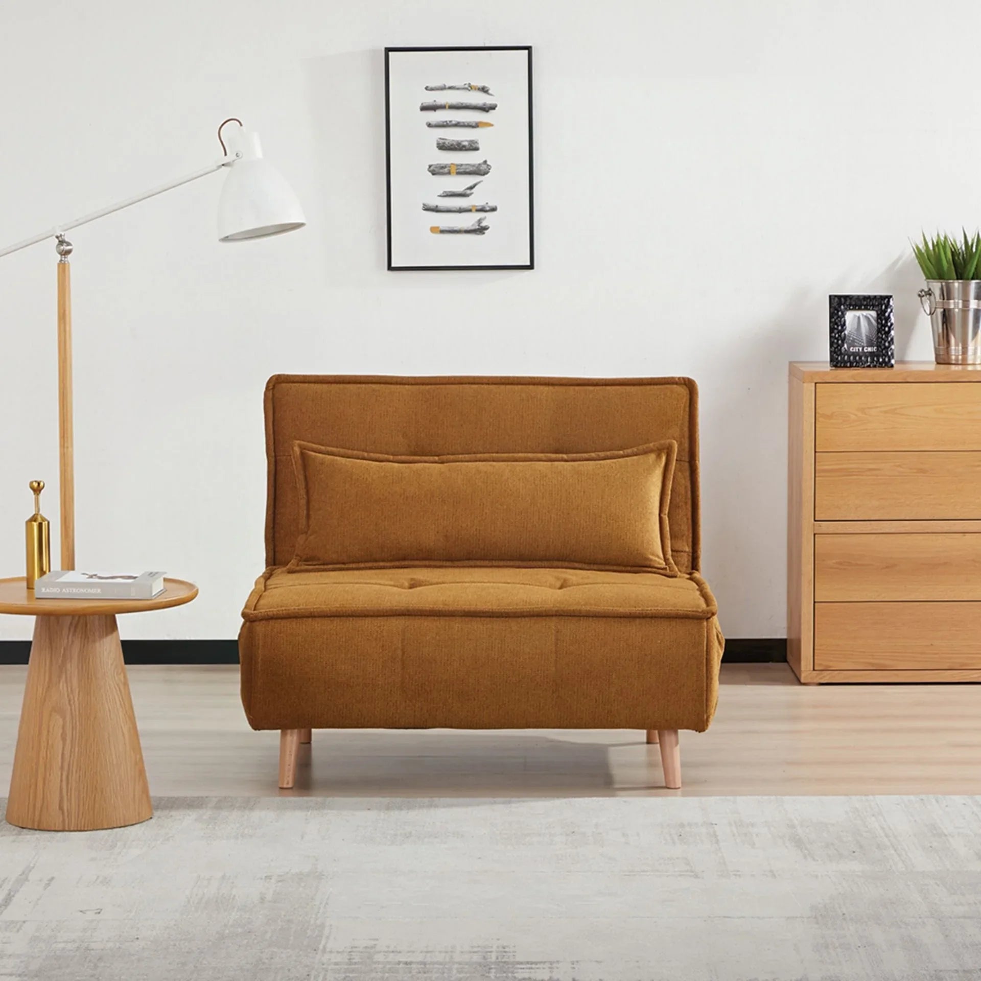 Pumpkin color sofa bed with cushion, wooden legs, and modern living room setting