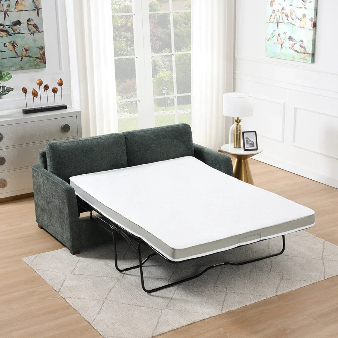 Winter moss full foam sofa bed extended in modern living room with white mattress