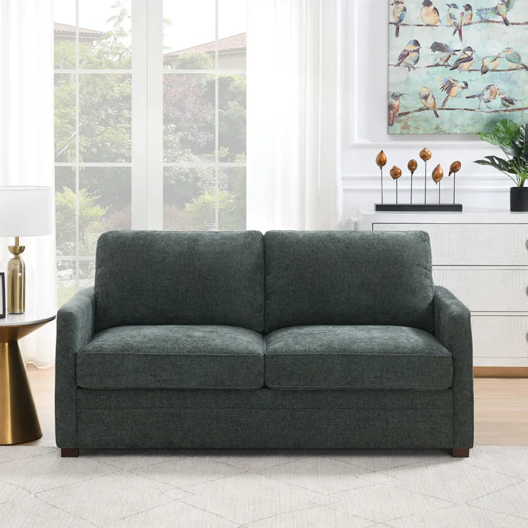 Winter moss foam sofa bed with straight arms in modern living room setting