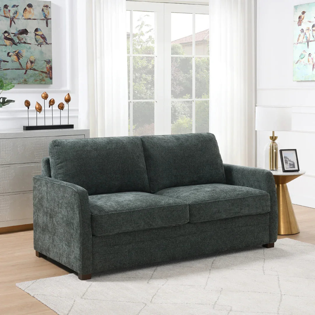 Winter moss foam sofa bed with square arms in bright living room with modern decor