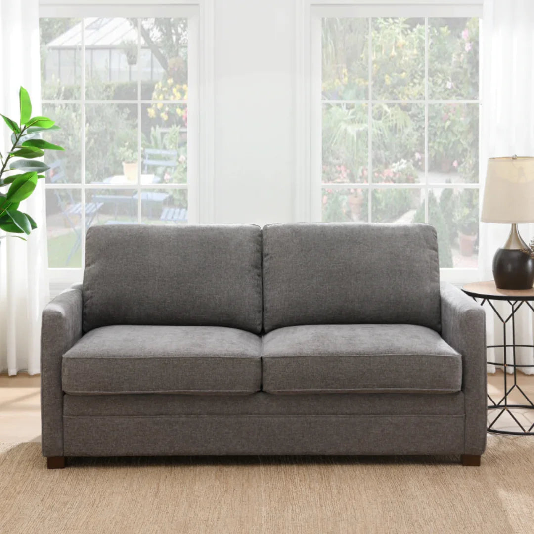 Stone foam sofa bed with armrests and cushions in bright living room