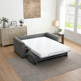 Light grey full foam sofa bed extended in modern living room with wooden furniture