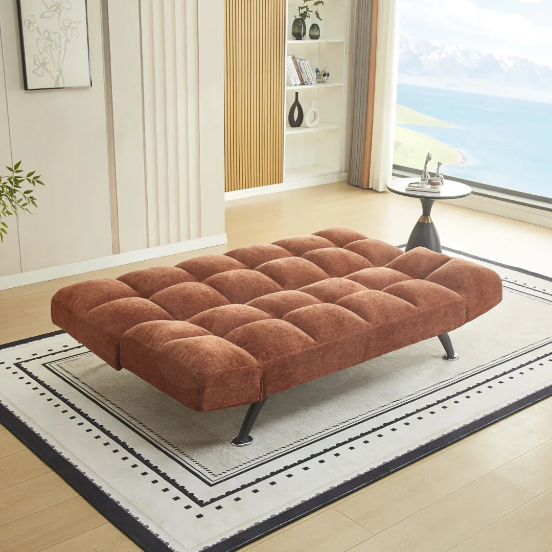 Boston sofa bed in deep terra fabric opened flat on modern rug in bright living room