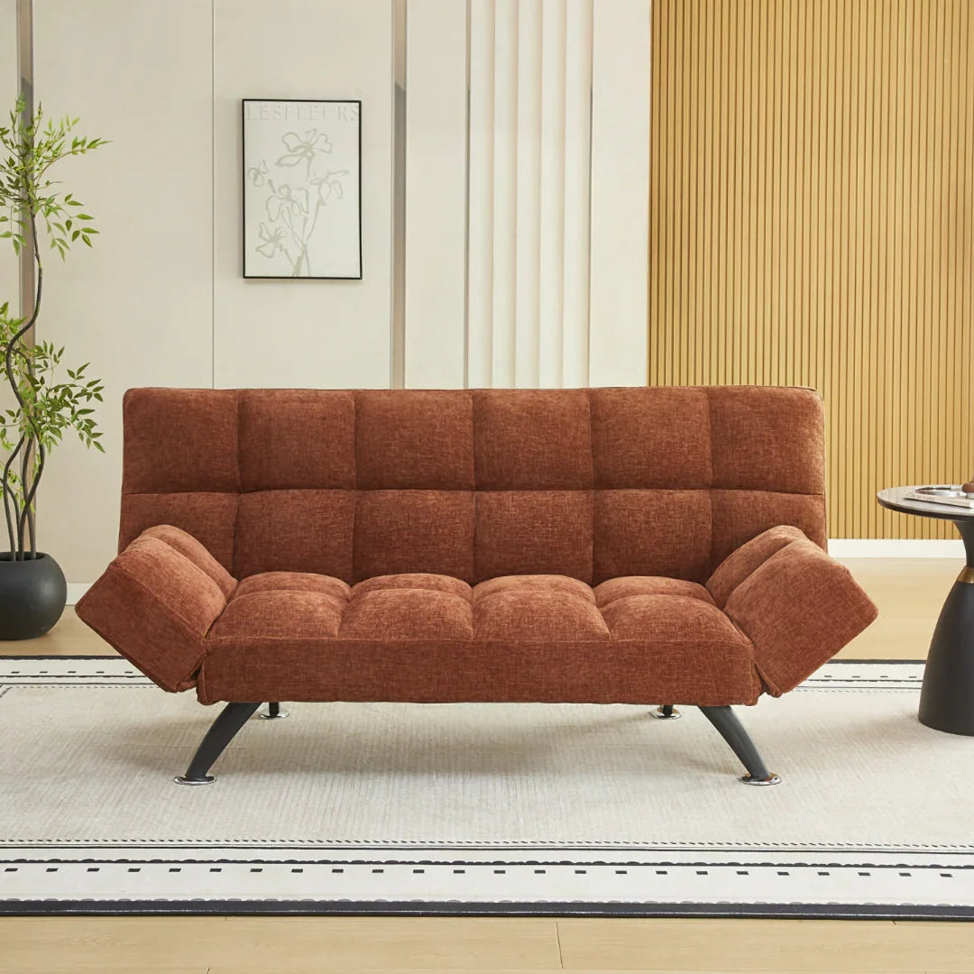 Boston sofa bed in deep terra fabric with adjustable armrests on a neutral rug