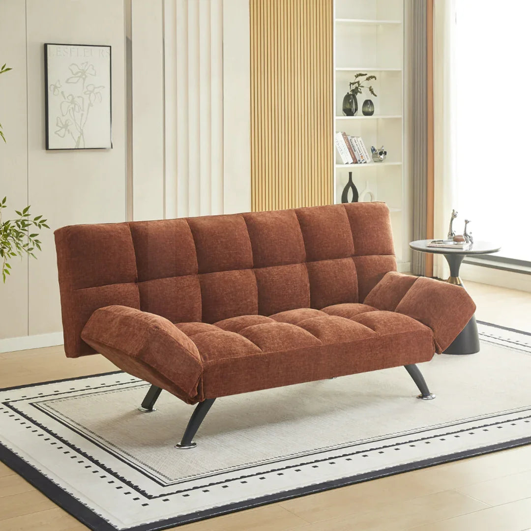 Boston sofa bed in deep terra fabric with black legs in modern living room