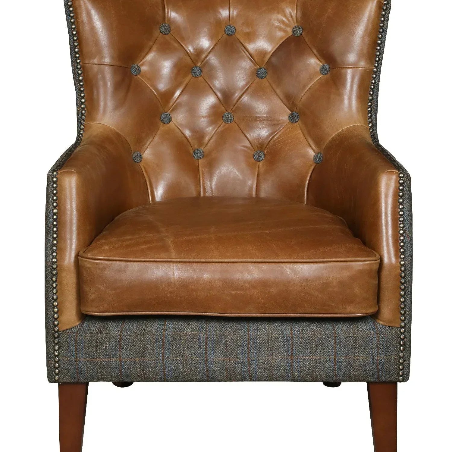 Brown leather accent chair with button-tufted back and tweed fabric base, front view